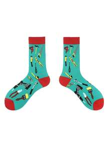 1 Pair Of Men's Tool Pattern Tube Socks, - Multicolor - View 2