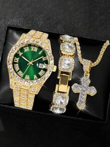 3 PIÈCES/SET Mode HIPHOP Luxe strass Bande d'Acier Calendrier Échelle Romaine Montre à Quartz Homme Avec Ensemble Bracelet strass. Collier Pendentif Croix Zircone Titane. Ensemble Cadeau Collier Bracelet Montre pour Soirées, Fêtes, Clubs Noctunes Décoration Bijoux Accessoires