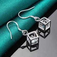 925 Sterling Silver Plated Hollow Cube Crystal Earrings Eardrop For Women Charm Wedding Engagement Fashion Jewelry