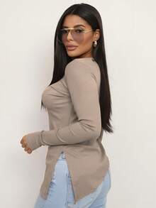 Women's Ribbed Blouse Simple Casual Elegant Split Asymmetric Fall/Winter - Beige - View 1