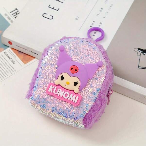 Sanrio Sanrio Hello Kitty Kuromi Collaboration New Fashionable Keychain Pendant+Soft Earphone Bag+Makeup Bag+Coin Wallet Four In One Storage Bag With Loop Buckle Cute Cartoon Glitter Wallet, Portable And Durable Zipper Sorting Bag