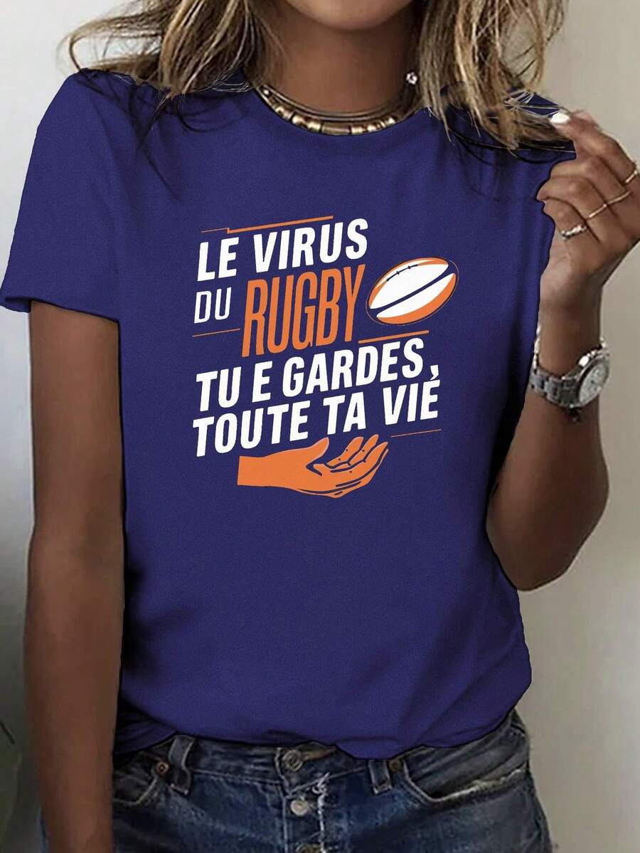 Camiseta de moda para mujer de algodón puro con estampado de virus de rugby - Azul - Ver 1