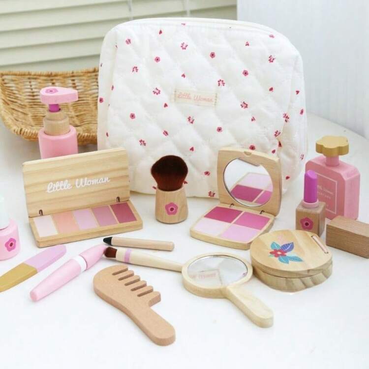 木制过家家化妆玩具套装，逼真的化妆品玩具套装，适合女孩，角色扮演美发化妆玩具，适合幼儿 - 彩色 - 查看 3