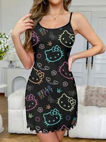 Sanrio Sanrio Hello Kitty Damen Nachthemd für den Sommer - Bunter bedruckter ärmelloser Pyjama Kleid mit Hello Kitty Motiv, Trägerkleid, leichte Hausmode, maschinenwaschbar, weiches und bequemes Material, süßes Cartoon-Design