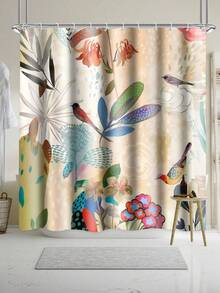 1 pieza Cortina de ducha elegante y vintage con diseño de flores y pájaros, de tela de punto de poliéster con ganchos, lavable a máquina, decoración artística para el baño, cortina de baño multifuncional, diseño vibrante de plantas y flores, accesorio artístico para el baño | Patrón floral clásico | Cortina de baño duradera - Multicolor - Ver 1