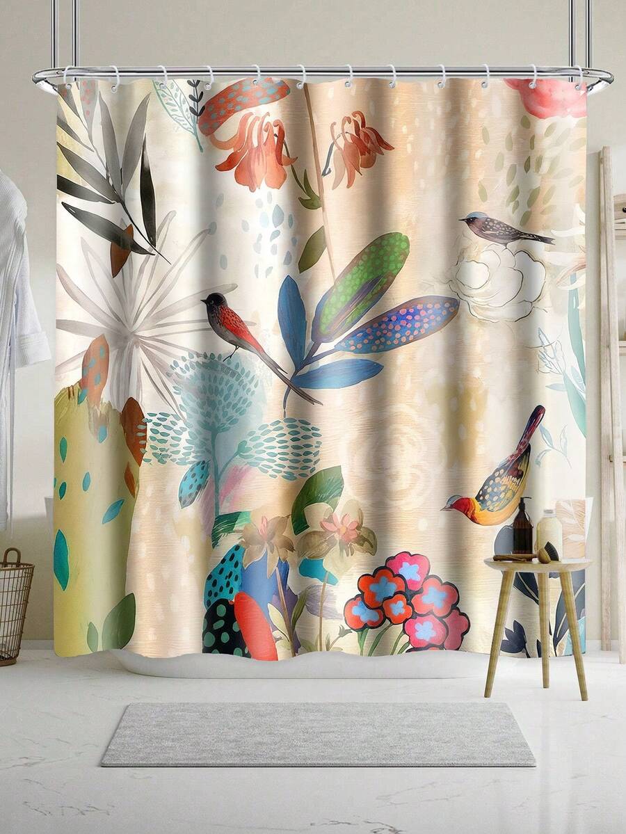 1 pieza Cortina de ducha elegante y vintage con diseño de flores y pájaros, de tela de punto de poliéster con ganchos, lavable a máquina, decoración artística para el baño, cortina de baño multifuncional, diseño vibrante de plantas y flores, accesorio artístico para el baño | Patrón floral clásico | Cortina de baño duradera - Multicolor - Ver 1