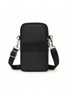 Solid Color Nylon Unisex Shoulder Sling Bag, Vertical Style Wallet, Coin Purse, Phone Pouch With 4 Zippers - Black - View 6