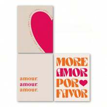 Set da 3 stampe murali, "More Amor Por Favor", sole, citazioni d'amore, design colorato e moderno, in stile massimalista, dipinti su tela, con opzione telaio, regalo
