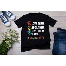 Women'S Funny Daycare Life Graphic T-Shirt - Soft Teacher Appreciation Shirt With Playful Handprint Design, Casual Round Neck Short Sleeve Top For Childcare Professionals, Daycare Teacher Shirts - Black - View 1