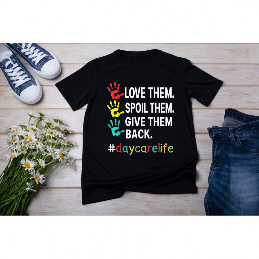 Women'S Funny Daycare Life Graphic T-Shirt - Soft Teacher Appreciation Shirt With Playful Handprint Design, Casual Round Neck Short Sleeve Top For Childcare Professionals, Daycare Teacher Shirts - Black - View 1