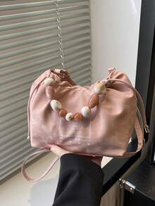 新款时尚纯色串珠褶饰云朵水桶包，别致简约高端手提包，适合工作、购物、约会，用途广泛