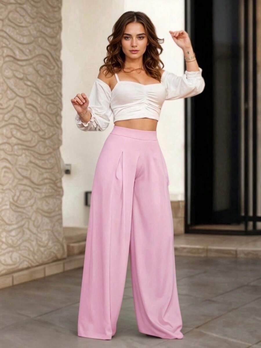 Pantalón Holgado Elegante con Corte Tipo Campana sin Bolsas para Mujer - Rosa Pálido - Ver 1