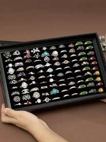 1pc 36/100 Slot Ring Jewelry Box, Covered Earring Jewelry Tray, Ring Jewelry Storage & Display Tray, Simple Velvet Ring Box, Jewelry Box, Earring Jewelry Storage Box, Dust-Proof Jewelry Box Display Case For Women Storage Organizer Travel Essentials Back To School