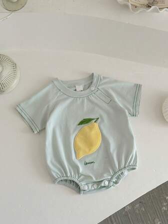新生儿水果柠檬刺绣短袖连体衣，夏季
