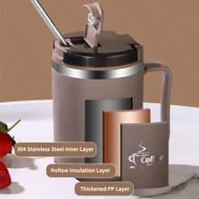 1pc 450/500ml 304 Stainless Steel Coffee Mug With Tea Strainer & Folding Spoon, Double Layer Thermal Insulated Coffee Cup With Handle, Leak-Proof Milk Tea Water Cup, Anti Scalding Drinking Cup Drinkware For Hot & Cold Water, Suitable For Adults & Students Use In Kitchen, School, Office, Dorm, Party, Picnic And Camping