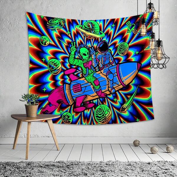 Tapeçaria Sherpa de 90g/m² com Astronauta e Lua Divertida, Decoração Pendurada de Fantasia Espacial Boêmia Hippie Interessante de Alienígena para Sala de Estar, Dormitório, Arte de Parede de Cartaz da Galáxia Cósmica do Quarto