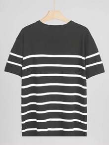 Men's Short Sleeve Striped Knit Sweater Top Tee - Dark Grey - View 2
