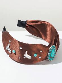 1 buc. Bandă de păr vintage cu boruri largi, tip cowboy western, culoare solidă, turcoaz, încrustat, decorațiune din aliaj, accesoriu de păr în stil boho, bandă de păr, diademă, cerc de păr