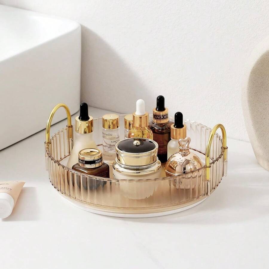 Rotating Makeup Organizer For Vanity, 3 Tier Perfume Skincare Organizers And Storage For Bathroom Countertop, Clear Spinning Counter Cosmetic Holder For Dresser (White) - Amber Gold - View 1