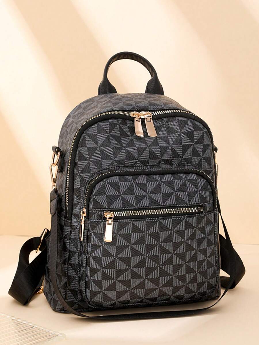 Women's Design Rhombus Pattern Large Capacity Backpack, Casual Shoulder Bag, Commuter Bag, Student Backpack, Mother Bag