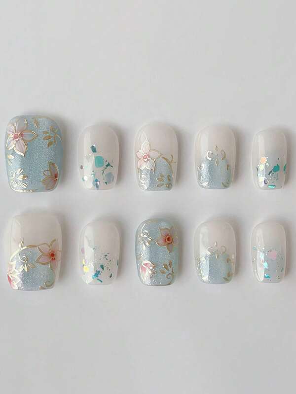 10 Stücke blaue Katzenaugen-Glitzer Blumen-Emaille-verzierte extravagante chinesische Stil handgemalte Nagelkunst Dekoration