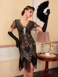 1920s Flapper Dresses For Women, Great Gatsby Dresses With Sleeve Roaring 20s Dress For Harlem Nights, Party Dress, For Cocktail - Gold - View 5
