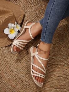 手工编织钻石带舒适女士平底凉鞋，户外