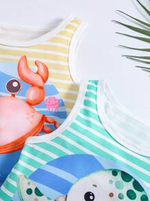 Set de 3 piezas de ropa de verano informal y cómoda para bebés niños, incluyendo chaleco sin mangas con gráficos de tiburón, cangrejo y tortuga, talla grande pantalones a rayas, adecuado para uso diario y exterior