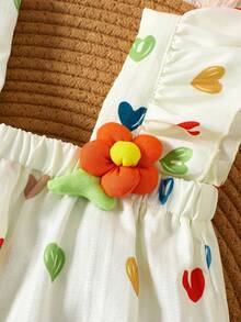 2 件套女婴可爱方领心形印花连体衣和配套帽子，适合春夏季户外