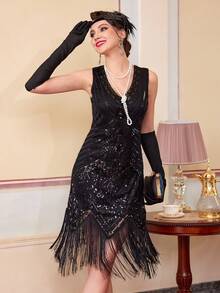 1920s Flapper Dresses, Great Gatsby Dresses Roaring 20s For Women, Sheer Beaded Sleeves Costume, Party Dress, For Cocktail - Black - View 2