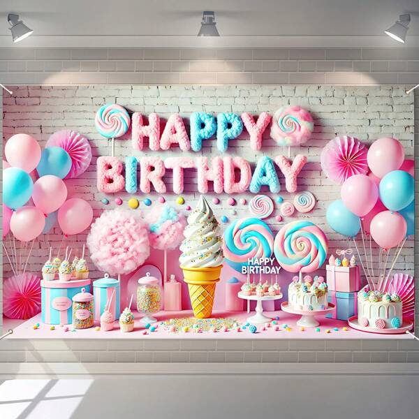 1 peça, Placa de aniversário com tema Candy Kingdom, Fundo de polímero para sorvetes, donuts e sobremesas, Usado para decoração de festa de aniversário, Artigos para festa de doces de desenho animado