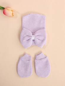 1 Set 0-3M Newborn Infant Bow Decor Hospital Hat + Anti-Scratch Mittens, Soft, Comfortable, Suitable For Baby Casual Knitted Hat - 1Set - View 4