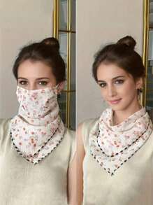 1PC 2025 Summer Sunscreen UV Flower Pattern Veil, Ice Silk Breathable Face Protection Triangle Silk Scarf Women's Ear Hanging Neck