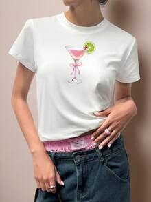 Coquette Metropolitan Ladies T-Shirt, Cosmopolitan Drinker Shirt, Bowknot Cocktail Ladies T-Shirt, Cocktail Lover Gift, Downtown Girl Gift, Martini Cocktail Ladies T-Shirt - White - View 1