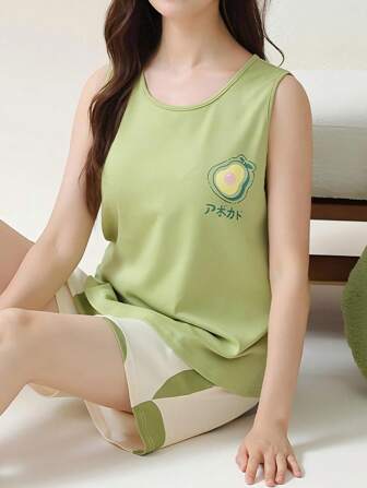 AICJ 2 件女士休闲水果和文字印花无袖上衣和短裤睡衣套装，柔软舒适的家居服，春夏季