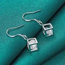925 Sterling Silver Plated Hollow Cube Crystal Earrings Eardrop For Women Charm Wedding Engagement Fashion Jewelry