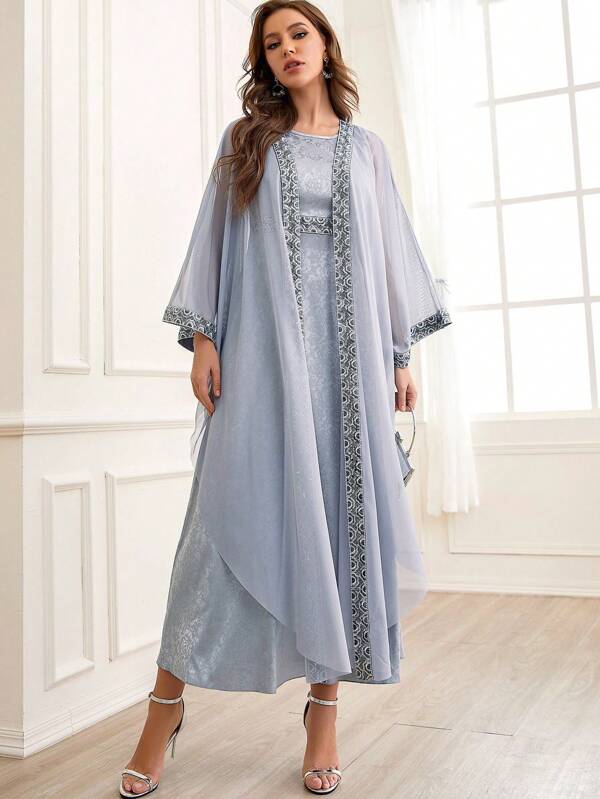 Middle Eastern Arab Dress, Muslim Women's Clothing, New Abaya Jacquard Fabric, Two Pieces Set In Stock, Summer Cardigan Robe