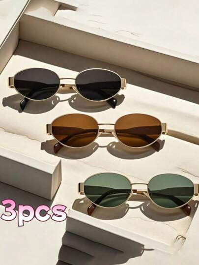Juego de 3 gafas de sol ovaladas con marco metálico de moda para mujeres, adecuadas para uso diario, viajes, vacaciones, ir a la playa, salir y de regalo para familiares y amigos