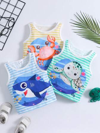 3pcs/Set Infant Boys Cute Shark, Crab, Turtle Graphic Sleeveless Vest And Striped Print Casual Comfortable Summer Clothes, Suitable For Outdoor And Daily Wear