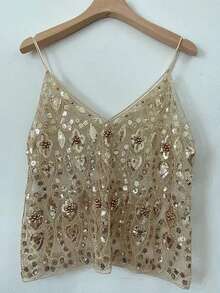 Women Y2K Sequin Cami Top Sparkly V Neck Tank Top Backless Glitter Crop Tops Floral Rhinestone Clubwear - Màu be - Xem 2
