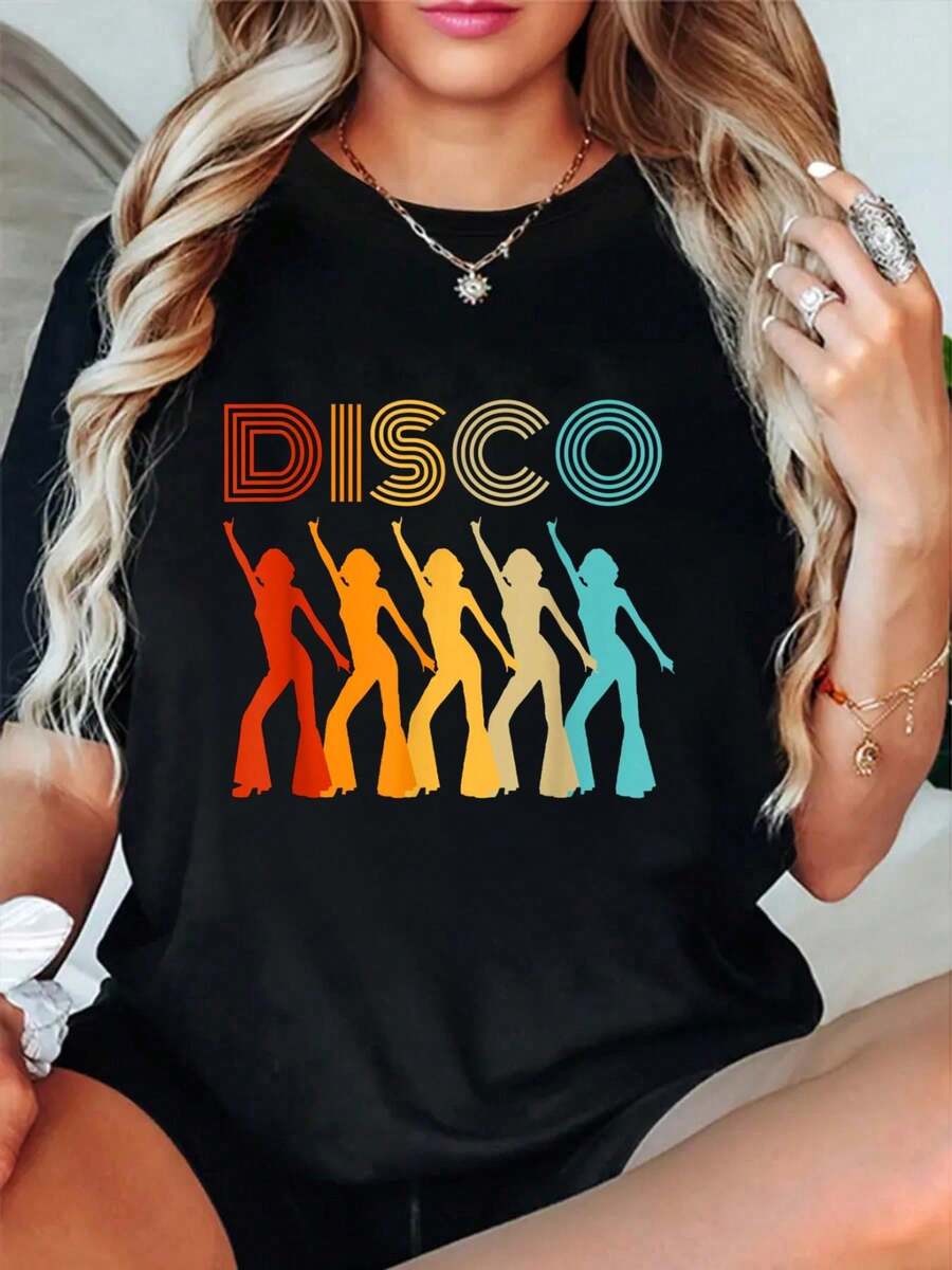 Disco Diva Themed Party 70s Retro Vintage 70's Dancing-Shirt Summer Outfits Women Shirts Women Graphic Tees Women - 黑色 - 查看 1