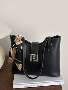 1pc PU Shoulder Tote Bag With Scarf Decor, Large Capacity, Lightweight And Versatile, Suitable For Commuting,Business Professional Women - Black - View 5