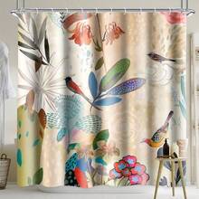 1 pieza Cortina de ducha elegante y vintage con diseño de flores y pájaros, de tela de punto de poliéster con ganchos, lavable a máquina, decoración artística para el baño, cortina de baño multifuncional, diseño vibrante de plantas y flores, accesorio artístico para el baño | Patrón floral clásico | Cortina de baño duradera - Multicolor - Ver 7