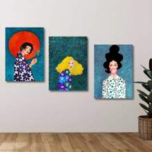 3pcs Vintage Flower Girl Wall Arts Canvas Posters, Scandinavian Oil Painting, Nordic Living Room Bedroom Optional Frame Hanging Painting ,Wall Art With Frame