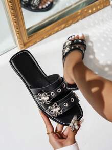 Nuevas sandalias de estilo gótico con estampado de murciélago y araña para talla grande, mujer, estilo punk milenario, remaches, casual, planas, para fiesta y uso diario