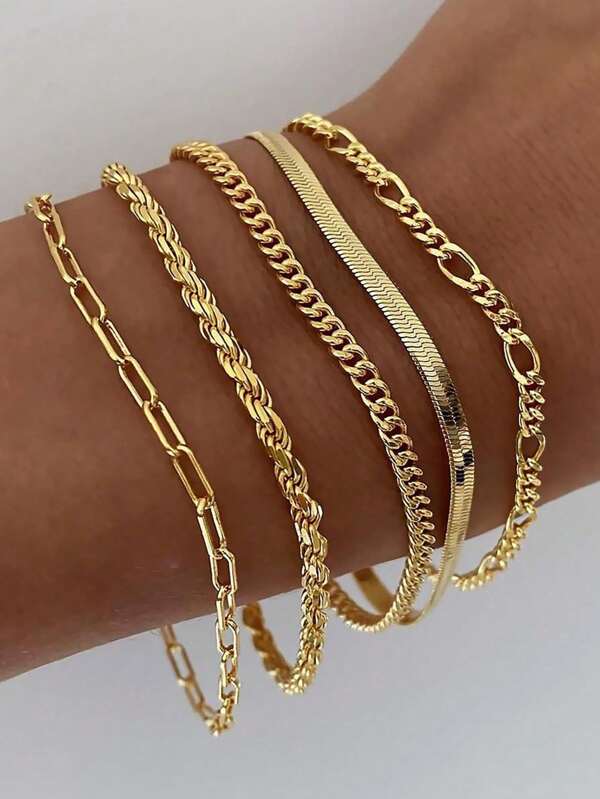 5pcs/Set Unisex Bracelet Set, Stylish Boho-Inspired Designs Including Flat Snake Chain, Paper Clip Chain, Chain, Beaded And Regular Chain, Suitable For Women Daily Wear And Gift