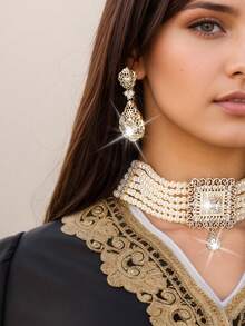 1 Set Fashion Women's Jewelry Set - Earrings & Necklace With Rhinestone Inlaid, Handmade Beaded Bohemian Style Bridal Wedding Dress Accessories, Holiday Gift