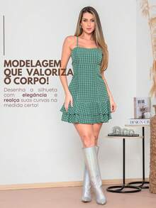 Short Plaid Dress With Bare Back And Crossover For Women's June Party, São João, Duna, Frill, S To L - 綠色 - 查看 6
