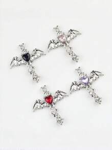 5pcs Alloy Stylish Wing Cross Heart Shaped Rhinestone Pendant, 35*30mm, DIY Phone Chain, Bag, Necklace, Earrings, Keychain, Jewelry Accessory