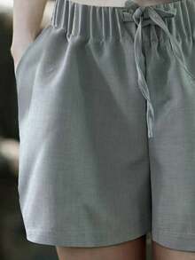 Pantalones cortos casuales de cintura alta sin estiramiento para mujer LuminousWealth, de unicolor, corte holgado, adecuados para primavera/verano/otoño - Gris Claro - Ver 6